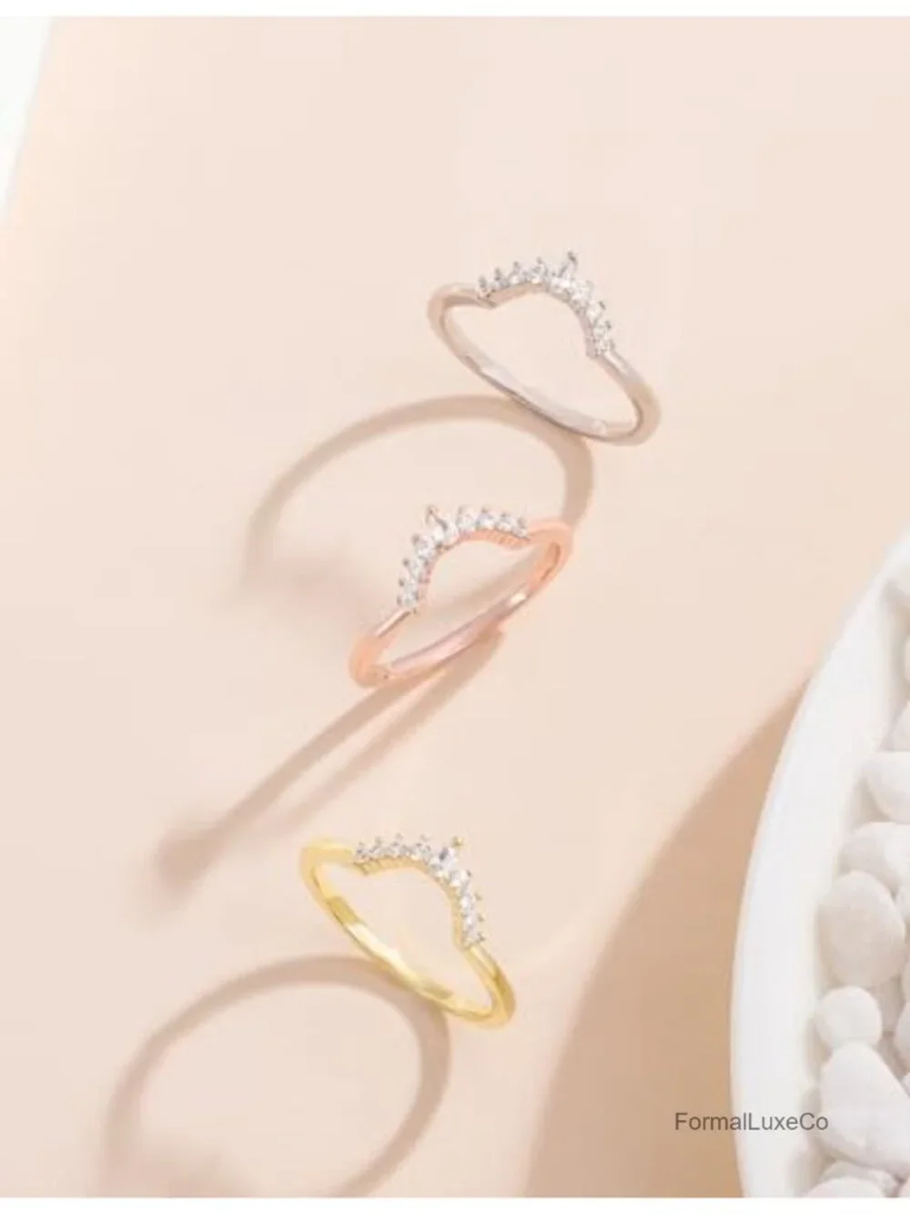 Dainty Curved V-Shape Stacking Ring 14K Gold Plated Cubic Zirconia
